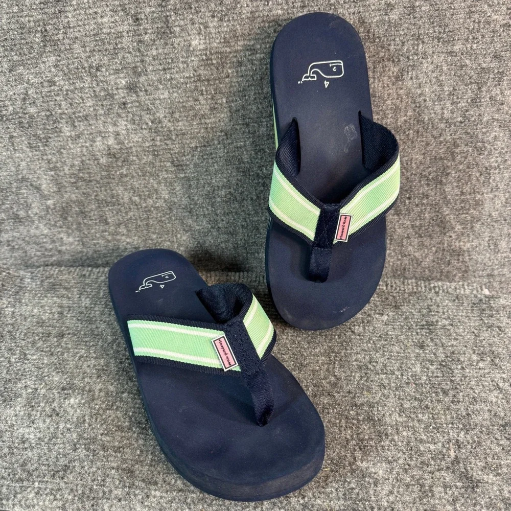 Vineyard Vines Navy Blue Green Striped Ribbon Flip Flop Sandals Kids Size 4